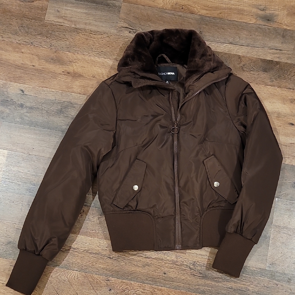 Fashion Nova Brown Puffer Jacket with Faux Fur Hood